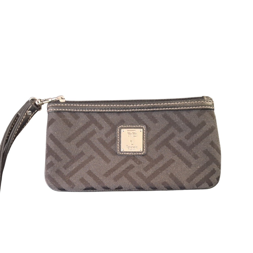 Tignanello Dark Gray Monogram Jacquard Wristlet Wallet Leather Trim Zip Clutch